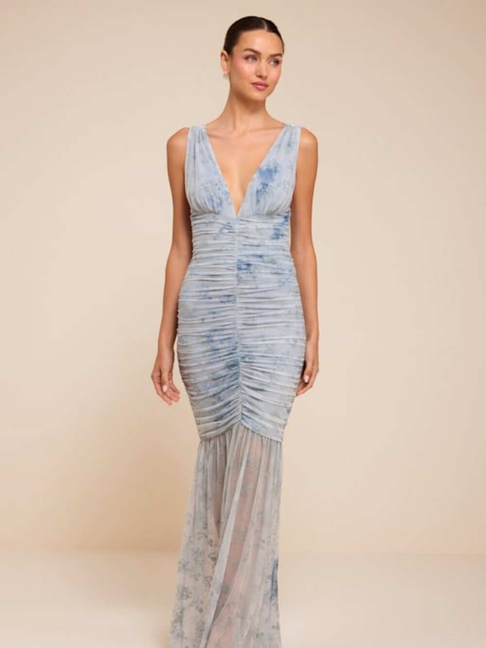 Lulus Jamie Light Blue Floral Mesh Sheer Hem Maxi Dress - Size XS